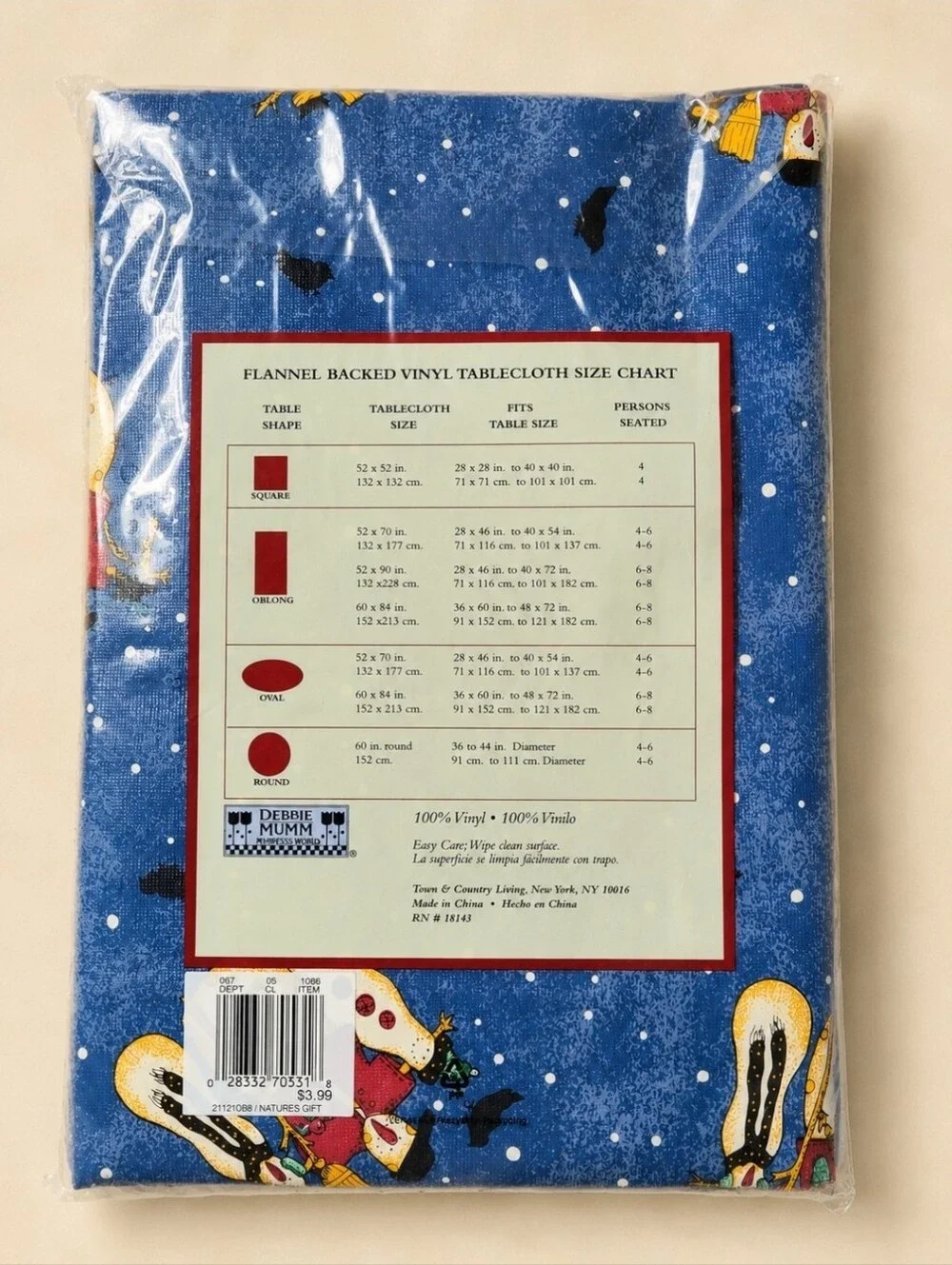 Debbie Mumm Christmas Snowman Tablecloth 60x84 Vintage NWT Flannel Backed
